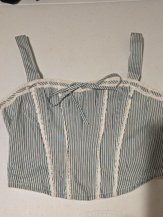 Watermelon Tops - Green and White Striped Lace-Trim Crop Cami